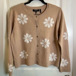 Badgley Mischka Khaki Floral Cardigan Stretchy Soft Size Large